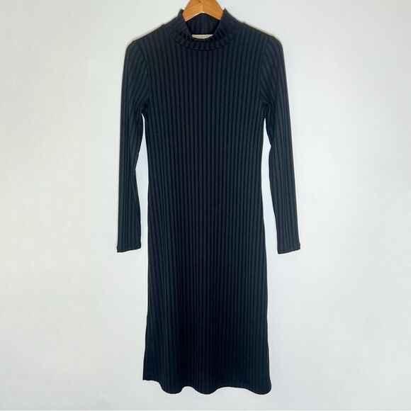 Loft Black Ribbed Long Sleeve Mock Neck Midi Dress - Picture 2 of 6